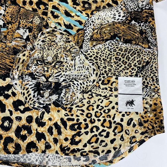 Stussy Shirt Men Small Short Sleeve Button Leopard Animal Print - Picture 3 of 16